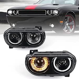 LED Headlights Assembly for Dodge Challenger 2008-2014 (Bulbs Included) Head Lights w/Sequential Indicator Halo Turn Signal Day Light Head lamp Pair (Passenger& Driver Sides)