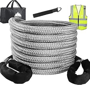 7/8in × 20ft Kinetic Recovery Tow Rope 25,200lbs, Silver Nylon Tow Strap with Reflective Vest, Recovery Ropes Offroad Kinetic for Truck, Pickup, SUV ATV