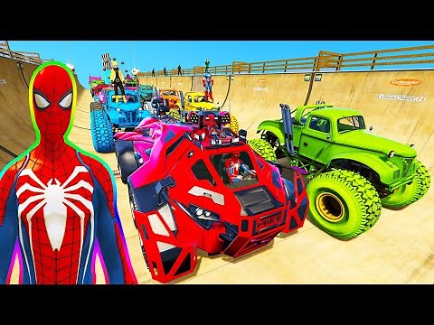 SPIDERMAN CARS Monster Trucks MEGA Ramp Challenge ! SUPERHERO GREEEN GOBLIN Fire Trucks Race - GTA V