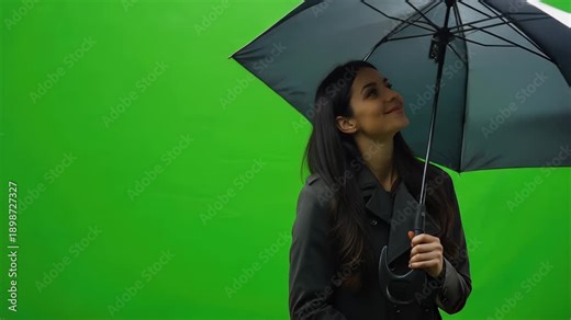 Weather forecast presenter using green screen technology while holding an umbrella and smiling, Female Weather forecast presenter in a green screen studio