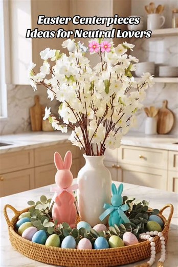 Easter centerpieces ideas!🐇🥚🌸✨ This one is for all the neutral lovers! 🥰 Combined with flocked Easter bunny and pastel specked eggs and white flowers branches. #eastercenterpiece #easterbunny #springhomedecor #diycenterpieces #easterdecor