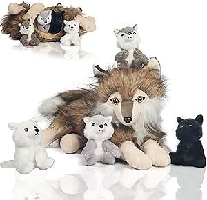 5 Pcs Wolf Stuffed Animal Plush Set, 16" Large Mommy Stuffed Wolf Plush Toy with 4 Cute Babies Wolves Inside, Realistic Furry Wolf Plushies with Pups for Kids Boys Girls Christmas Birthday Gift