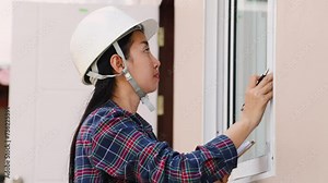 Asian house's construction inspector female in hard hat reviews architectural plans examining integrity building's interior, clipboard and measuring tape in hand, ensuring compliance safety standards