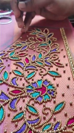 Aari work blouse design with colorful thread and bead detailing 🌸✨ | Hand embroidery tutorial