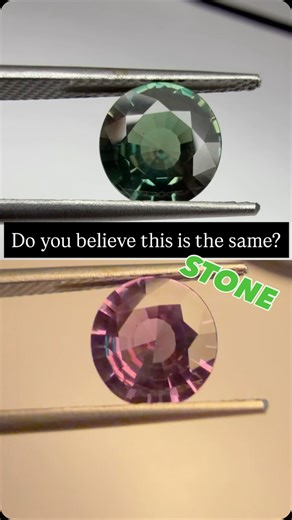#alexandrite is one of the rarest gemstones on 🌎. It's fame comes from its ability to change color from green tones in daylight to red/purple/pink under warm indoor light. This phenomenon, known as the Alexandrite Effect, happens because of how the gem absorbs light: shifting between two hues that almost feel like two different colored gems in one stone. Finding Alexandrite is hard enough, but finding a round one over a carat with excellent clarity and symmetry is even rarer. Side by side compa