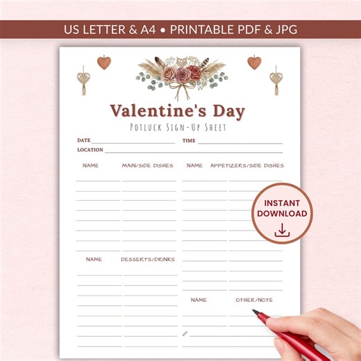 Boho Valentine Potluck Sign-up Sheet | A4/US Letter (printable PDF/JPG), Chic Office Categorized Food Plan,earthy Theme, Instant Download - Etsy