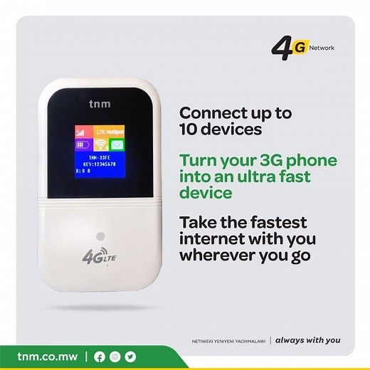 Buy a 20GB data bundle and get a 4G MiFi (portable wi-fi device) FREE from TNM. Get your work done even when there is a power cut. Maintain connectivity at all times with the TNM MiFi. Click here for full details: http://bit.ly/MiFiOffer | TNM (Telekom Networks Malawi)