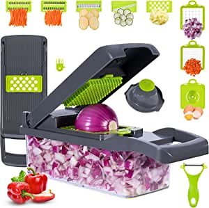 Professional vegetable chopper: 12 in 1 mandolin slicer, onion chopper chopper, egg separator food slicer with kitchen container