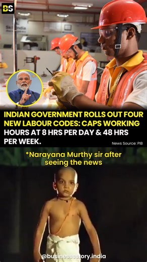 Business l Startup l Entrepreneurship on Instagram: "The Government of India has announced that the four Labour Codes - the Code on Wages, 2019, the Industrial Relations Code, 2020, the Code on Social Security, 2020 and the Occupational Safety, Health and Working Conditions Code, 2020 are being made effective from 21st November 2025, rationalising 29 existing labour laws. Minimum wages guaranteed for all. Working hours capped at 8 -12 hours per day, 48 hours per week has been capped. Overtime Wo