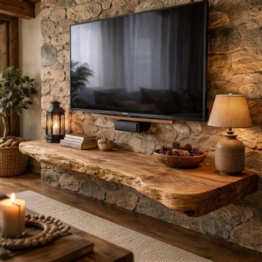 Live Edge Oak Floating TV Stand – Rustic Solid Wood Wall Mounted TV Console – Minimalist Natural Wood Media Shelf - Etsy