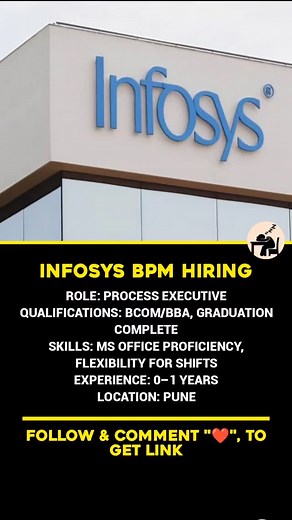 201 reactions · 17 comments |  Company: Infosys BPM Limited  Role: Process Executive  Location: Pune  Qualifications: BCom/BBA, graduation complete, banking/mortgage knowledge 易 Experience: 0–1 years  Skills Needed: • MS Office proficiency • Attention to detail • Flexibility for shifts — #Infosys #ProcessExecutive #FreshersJobs #PuneJobs #HiringAlert | BackBencher Buzz | Facebook