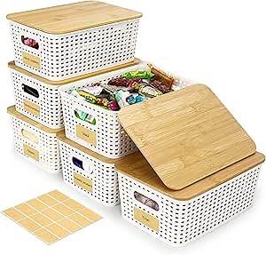 Small Plastic Storage Bins with Bamboo Lids 6 Packs,Decorative Storage Containers,Stackable Baskets for Organizing with Cute Label for Shelves Cabinets Pantry Playroom Office Home,Cream White