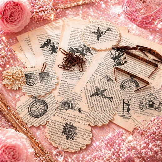 Vintage Book Page Handstamped Kit | Hand Stamped Pages, Scalloped Circles, Butterfly Confetti, Rusted Paperclips & Fasteners | Junk Journal - Etsy