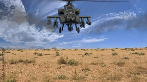 Attack helicopter fires machine gun and rockets at camera in the desert, good use for Middle Eastern War e.g. Afghanistan. Helicopter fires missiles