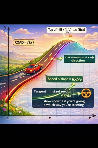 car’s tilt = dy/dx.The road = f(x).Speed shows how steep #imaginarynumbers #calculus