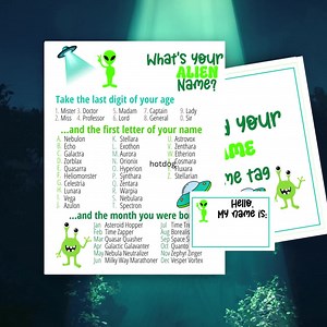 What's Your Alien Name Game With NAMETAGS   SIGN, Alien Extraterrestrial Theme Birthday Party, UFO Space Birthday Game, Alien Name Generator - Etsy
