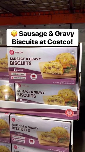 YUM! 😋 Check out these new Sausage & Gravy Biscuits I spotted at Costco! Each biscuit features cage-free eggs, sausage, and gravy all baked together into a delicious on-the-go breakfast! 👏🏼 ($14.99) #costco #sausageandgravy #breakfast #biscuits