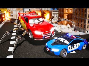 Robot Spider Lightning McQueen vs Color Police Cars 😱 | Epic City Chase Battle