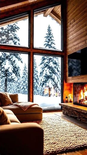 Cozy Winter Cabin Fireplace 🔥 Snow Falling Outside the Window