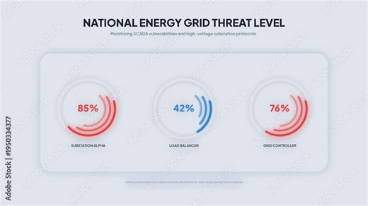 Digital dashboard visualizing national energy grid threat levels, assessing substation vulnerabilities, and potential customer impact through real-time analytics