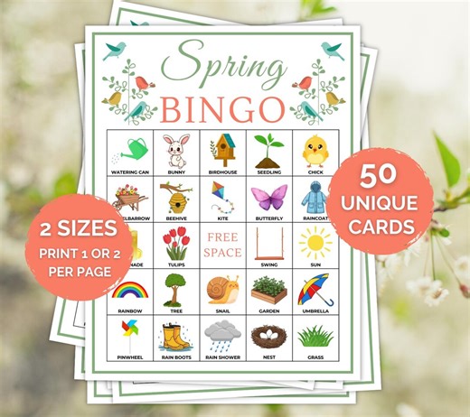 50 Spring Bingo Cards, Spring Bingo Printable, Spring Party Game, Classroom Easter Activity, Easter Bingo, Family Fun Bingo, Springtime Game - Etsy