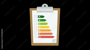 Appearance of a clipboard at the bottom of the screen with a white sheet with energy efficiency rating check boxes with checkmark on the C on a green background, transparent with alpha channel