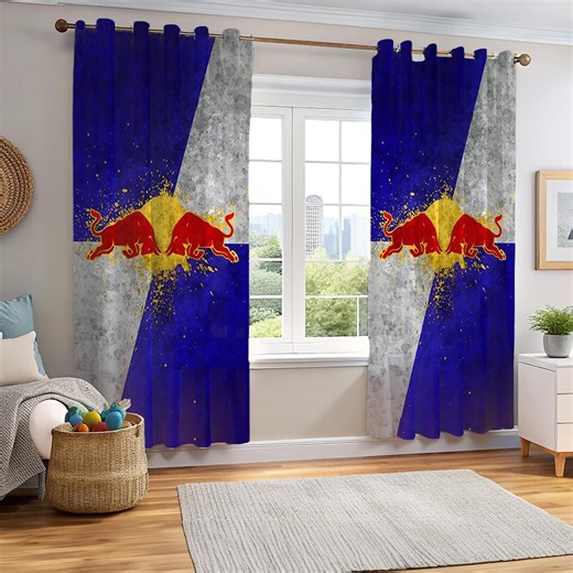 Red Bull Inspired Curtains, Racing Style Window Drapes, Extreme Sports Room Decor, Grunge Bull Design Curtains - Etsy