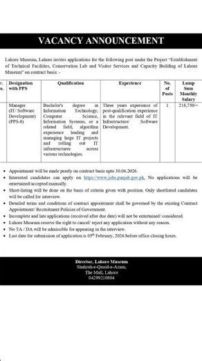 Lahore Museum Jobs 2026 | Manager IT Vacancy | Punjab Government Jobs