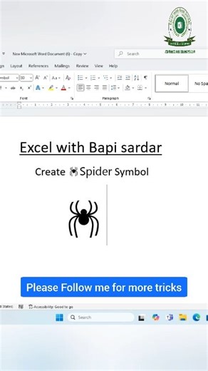 🕷️ Create SPIDER Symbol in Microsoft Word using Shortcut Keys! 🕸️ 💻 #MicrosoftWord #ShortcutKeys #SpiderSymbol #WordTricks #ComputerTips #LearnWithFun #ViralShortcut #TechTips | learn Excel with Bapi Sardar
