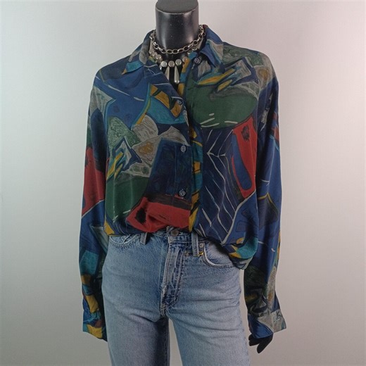 90s Blue Khaki Longline Button Down Shirt, 90s Abstract Shirt, Oversized Geometric Print Blouse, Long Sleeve Button up UK16, US12, EU46, 2XL - Etsy