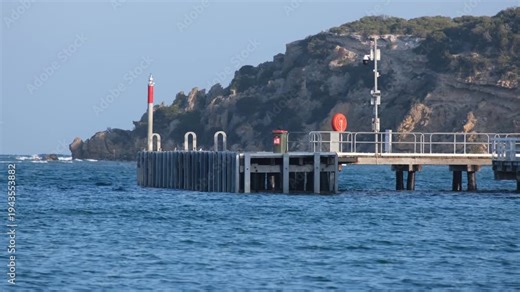 Jetty structure with timber pylons extending into the water at Barwon Heads in Victoria, Australia. Marine infrastructure along the scenic coastline near the entrance to the Barwon River.