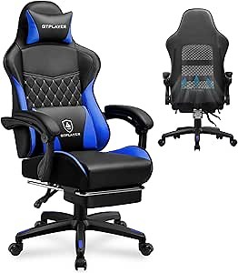GTPLAYER Gaming Chair, High Back Leather Computer Gaming Chair with Footrest, Ergonomic Height Adjustable Office Chair with Removable Cover and Lumbar Support for Gaming and Work (Blue)