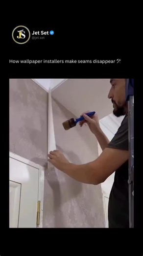 Jet.Set on Instagram: "Professional wallpaper installers often use a method known as double cutting, where two overlapping panels are trimmed in one precise pass to create perfectly matching edges.⁠ ⁠ The cut sections are carefully lifted, the excess strips removed, and the fresh edges pressed together so the pattern lines up seamlessly and the join disappears into the wall.⁠ ⁠ This technique is especially effective on textured or patterned surfaces, as the single continuous cut keeps everything
