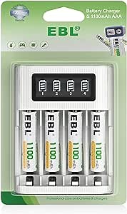 EBL 4 Pack AAA Rechargeable Batteries 1100mAh and Charger, LCD Individual Battery Charger with 1.2 Volt Triple AAA Batteries