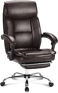Executive Office Chair, Leather Reclining Managerial Task Chair, Ergonomic High Back Rocking Desk Chair with Armrest and Lumbar Support,Computer Desk Chairs with Retractable Footrest, Brown