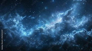A dark blue sky with many stars and clouds. The sky is filled with stars and clouds, creating a sense of depth and vastness. The blue color of the sky gives a feeling of calmness and serenity