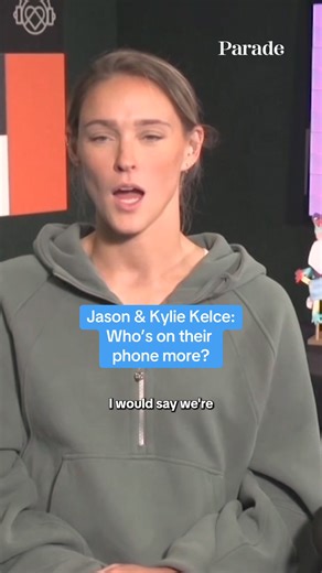 Kylie Kelce and her retired NFL star husband Jason are the parents of three young daughters. Now that Jason is spending more time at home, who of the couple is on their phone more often? For more from our interview with Kelce: https://parade.com/celebrities/kylie-kelce-neurodiversity-interview-print-pals #kyliekelce #jasonkelce | PARADE Magazine
