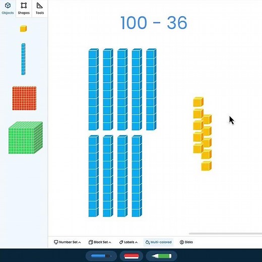 Modeling 100 - 36 with four different manipulatives