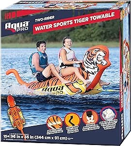 Aqua Pro Giant Towable Tiger Tube, 1-2 Riders, Double-Pontoon Inflatable Tiger Boat Tube, Orange/Yellow