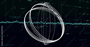 Rotating wireframe sphere animation over financial graphs and data