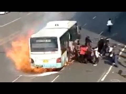 Scary moment: Moving bus explodes, passengers jump out