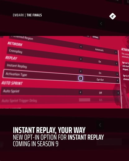 Opt-In option for Instant Replays coming in Season 9. When this feature is turned on, you will press a button to activate the instant replay instead of it starting automatically. This will give you more control over what you see on your screen compared to our current iteration. Are you a fan of this QoL change? #thefinalsgame #embarkstudios #thefinalsseason9 #news #gaming