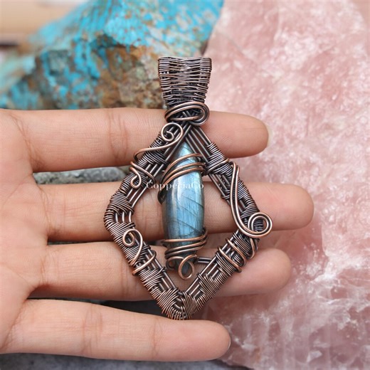 Natural Labradorite Pendant - Copper Wire Wrapped pendant - Hippie Jewellery - Gift for Her - Etsy