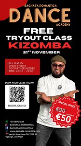 FREE KIZOMBA TRYOUT — Friday 21st November! 🎉 Have you always wanted to try Kizomba? This is your moment — and your first class is completely FREE! 💥 Join us at Bachata Romantica Academy for the start of our brand-new Kizomba course. Open to ALL levels — beginners are especially welcome! ✨ What you’ll get: ✔ FREE first tryout ✔ No partner needed ✔ Friendly & professional guidance ✔ Step-by-step learning ✔ The best vibes every Friday! 📅 Start Date: Friday 21st November ⏰ Time: 20:30 – 22:00 📍