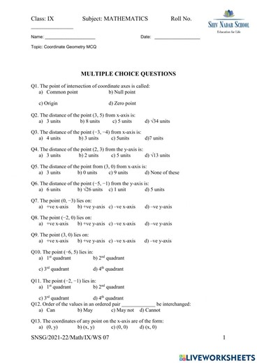Coordinate Geometry Workheet worksheet