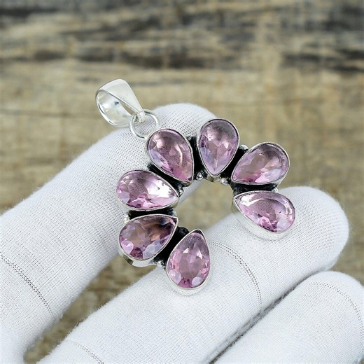 Elegante roze kunziet edelsteenhanger handgemaakte designsieraden in 925 sterlingzilveren sieraden, boho-hanger voor liefdescadeaus, huwelijkscadeaus - Etsy Nederland