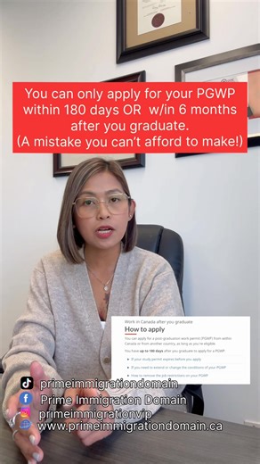 🎥 In this video, we’ll discuss everything you need to know about the Post-Graduation Work Permit (PGWP)! 🎓 Did you know you only have 180 days after you graduate to apply for your PGWP? 🗓️ We’ll guide you through the eligibility, timelines, and important reminders to make sure you don’t miss your chance to stay and work in Canada. 🇨🇦✨ Stay tuned with Prime Immigration for more updates and expert insights — and if you need help with your PGWP application, reach us at 👉 primeimmigrationvip@g