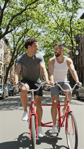 Put me and my friends on a 2 seat tandem bicycle riding through uptown New York city#1M