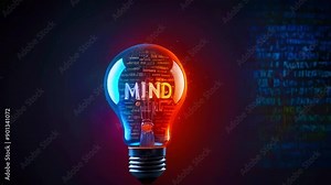 It's a lightbulb with the word "MIND" glowing inside, with a blurry background of code.