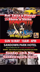2.5K views · 14 reactions | Rats Tatts n Pinups Show'n'Shine Returns to Sandownpark Hotel Sunday 18th May *Rods, Kustoms, Pre78 Chrome Bumpers & Bikes **Live Entertainment | Kingpin Kuztums | Facebook